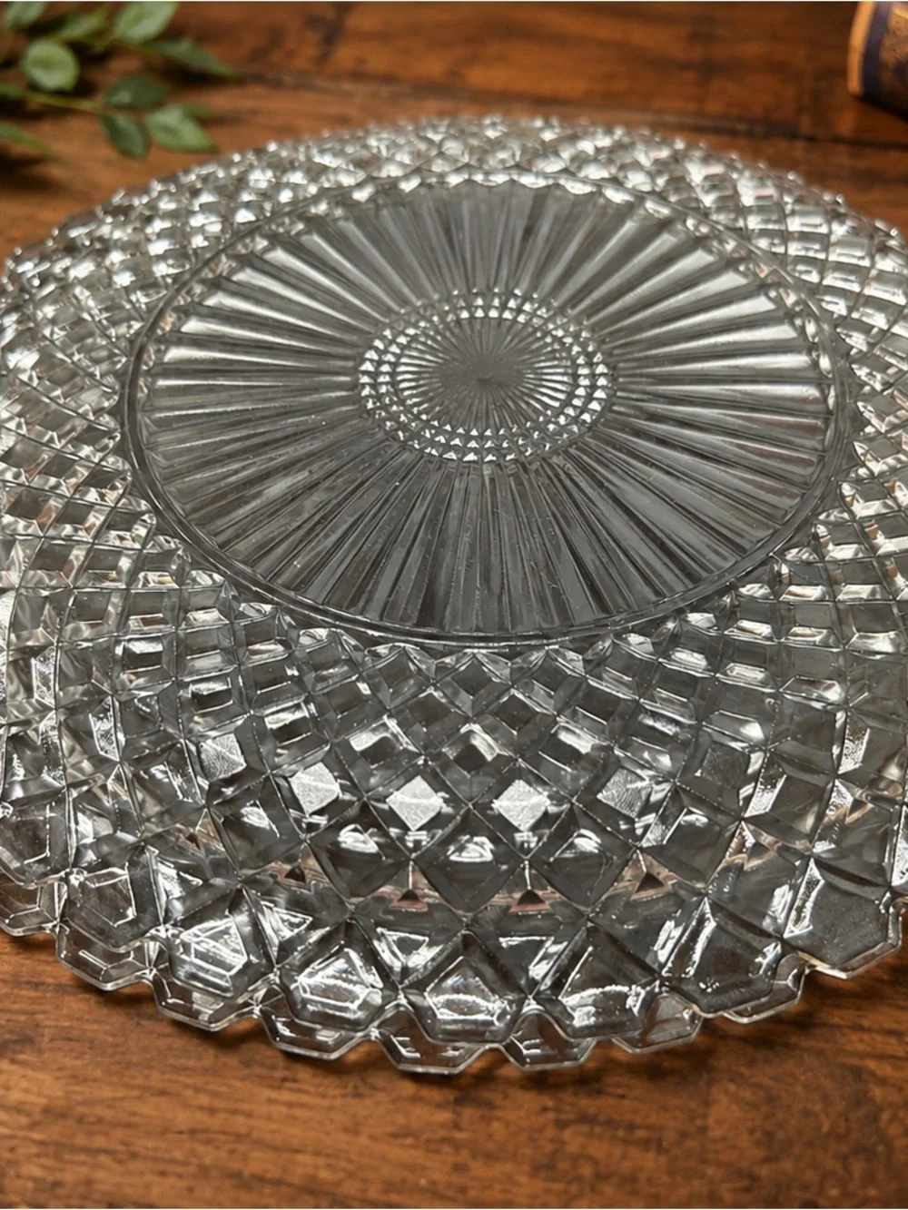 Vintage Clear Pressed Glass Serving Platter 12” Diamond Pattern Scalloped